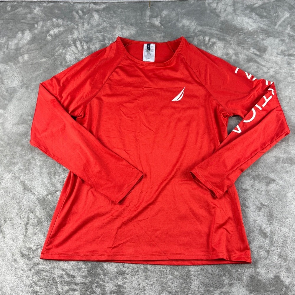Nautica Performance Shirt Mens Large Red Long Sleeve Logo Rash Guard EUC